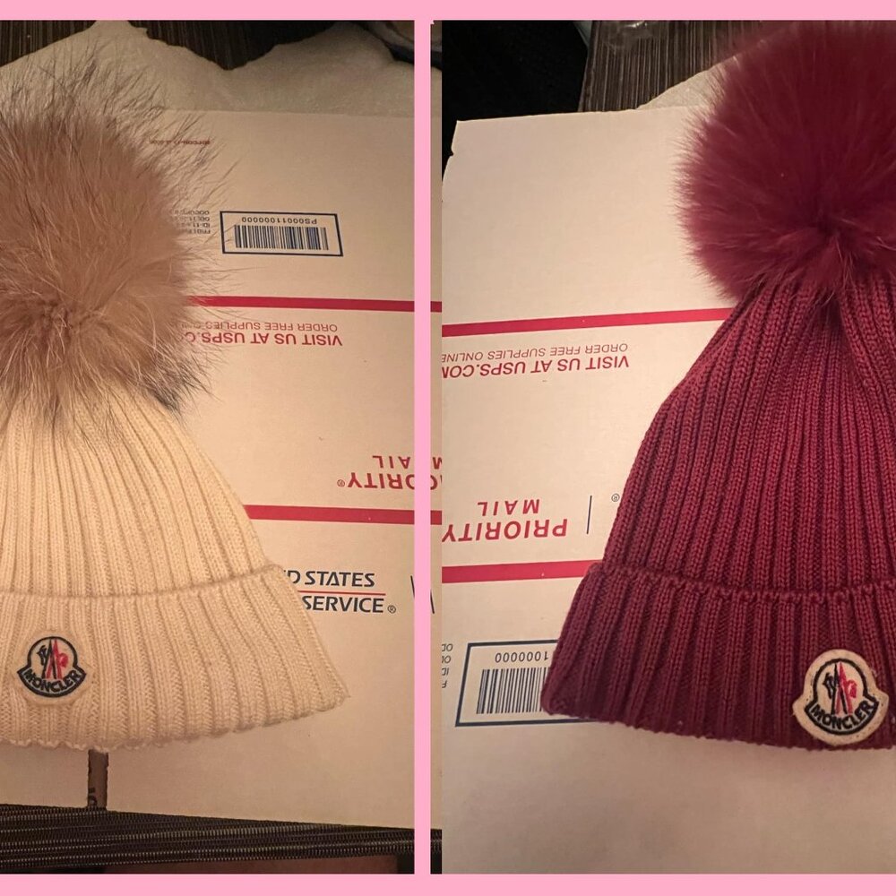 Moncler Beanie Hat - Small - Toddlers - Burgundy - Cream White